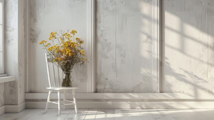 Wall Mural - Tansy bouquet on aged white chair in a room