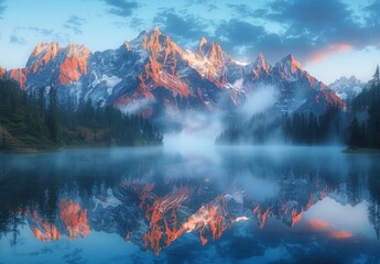 Wall Mural - A stunning mountain range reflected in a calm alpine lake at dawn, with mist rising from the water