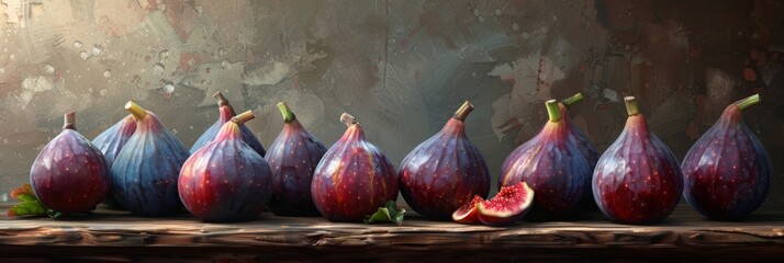 Wall Mural - Ripe Figs Arranged on Rustic Table. Ripe figs beautifully arranged on a rustic table, showcasing their rich colors and textures in a natural setting. Banner with copy space