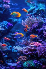 Poster - Colorful fish swim in a transparent aquarium with decorative rocks and plants