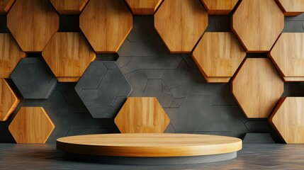 Wall Mural - Empty stage for product demonstration, wooden honeycomb hexagons, 3D.
