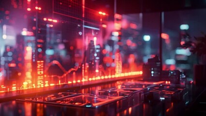 Poster - A nighttime cityscape is seen through a window, with a large digital display showing data and graphs in red and blue.