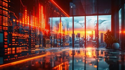 Poster - A futuristic cityscape is seen through large windows at sunset, with a wall of illuminated data visualization in the foreground.