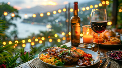 Gourmet dishes and culinary delights served at a rooftop dinner. Enjoying a romantic meal together