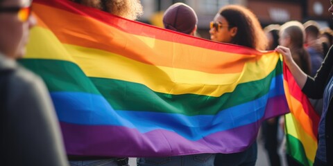 Wall Mural - A group of people holding a colorful rainbow flag, symbolizing diversity and inclusivity