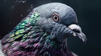 Wall Mural - Pigeon s head with green purple and gray hues in close up