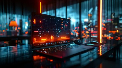 Poster - A laptop computer displaying a stock market chart sits on a desk with a nighttime cityscape visible through the window behind it.