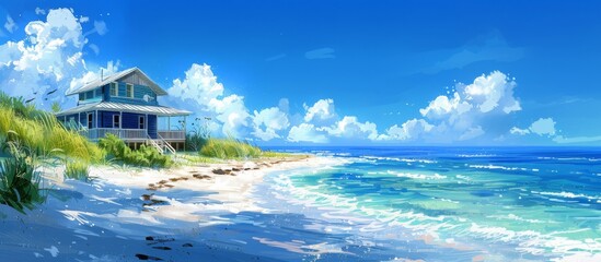 Wall Mural - Beach House by Clear Blue Ocean. A beautiful illustration of a beach house with a clear blue ocean and a bright sky, surrounded by lush greenery. Banner with copy space