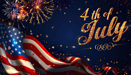 Sparkling golden 4th of July text with fireworks and American flag. Generated by AI.