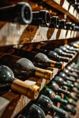 Wall Mural - A collection of wine bottles stacked on a wooden rack, perfect for use in food and drink related content