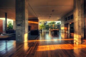 Sticker - Cozy room with wooden floors and a large window, perfect for interior design or architectural photography