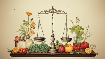 Wall Mural - Illustration of a balance scale with vegetables and sugar