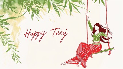 illsuatrtion of indian festival hariyali teej means green teej .woman enjoy the festival with swing in monsoon on beautiful landscape backdrop..