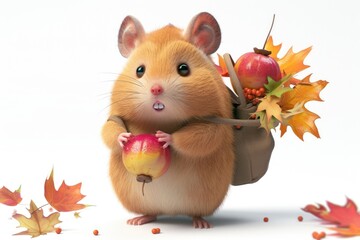 Wall Mural - A small hamster holding an apple and some leaves in its paws