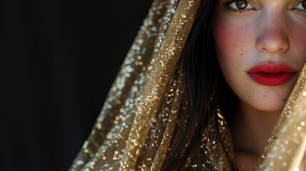 A woman wearing a gold veil and red lipstick, possibly for a formal event or costume