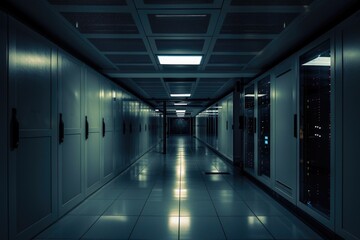 Poster - A long hallway with rows of servers and data storage equipment
