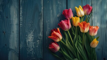 Wall Mural - Tulip bouquet on wooden surface