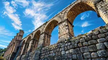 Poster - A stone wall with arches and a clock tower in the background
