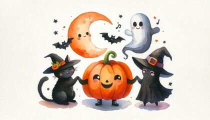 Wall Mural - A Spooky Halloween Gathering of Friends - A cute, hand-painted watercolor illustration featuring a black cat, a pumpkin, and a ghost celebrating Halloween.