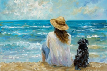 Wall Mural - A painting depicting a woman in a straw hat and her dog sitting on a sandy beach, looking out at the ocean