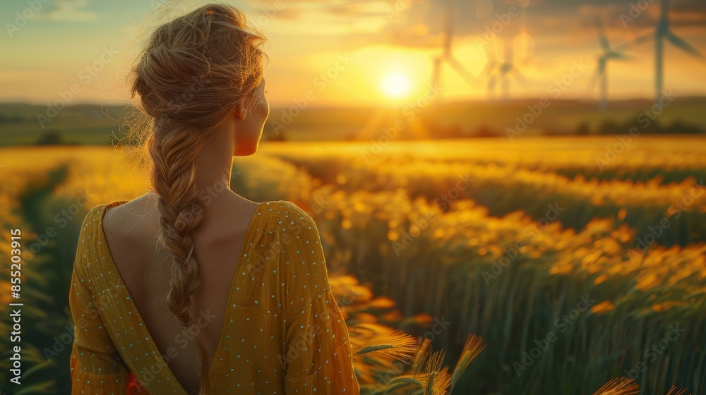 Stunning blonde woman in golden dress standing in field at sunset with ...