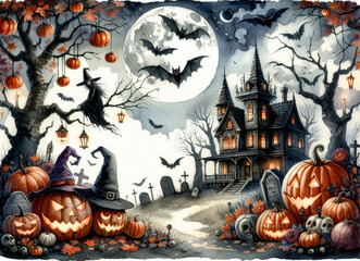 Poster - Spooky Halloween Night with Haunted House and Jack-O-Lanterns - A watercolor illustration depicting a spooky Halloween scene with a haunted house, jack-o-lanterns, bats, a witch, and a full moon.