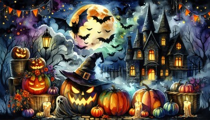 Spooky Halloween Night with Jack-o'-Lanterns and Haunted House - A whimsical watercolor painting depicts a haunted house with glowing windows, pumpkins, and bats silhouetted against a full moon.