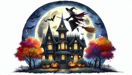 Poster - Witch Flying Over Haunted House with Full Moon - A witch flies on a broomstick in front of a full moon over a spooky house.