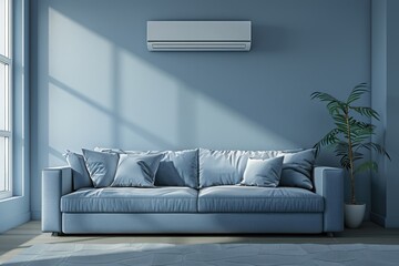 Wall Mural - Cozy living room with a blue couch, air conditioner, and neutral decor