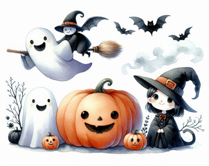 Wall Mural - Halloween Witch and Ghosts Watercolor Illustration - A cute witch in a black dress and hat, two friendly ghosts, and a jack-o-lantern pumpkin, all drawn in a watercolor style