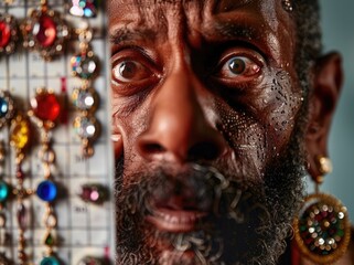 Wall Mural - African American man at eye chart with phor kaleidoscope, close up of his face in the photo looking through prism and jewellery set on left side. Photo taken
