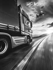 Wall Mural - A black and white photo of a semi truck driving down the road