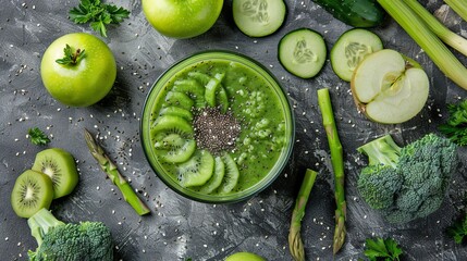 Wall Mural - Healthy green smoothie bowl with fresh vegetables and fruits. This top view image showcases natural ingredients such as kiwi, cucumber, broccoli, apple, and asparagus. 