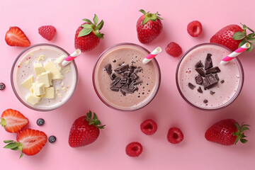 Different milkshake or smoothie with strawberries and chocolate on a pink background