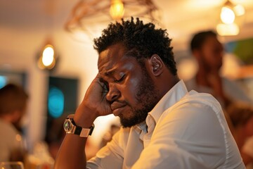 Wall Mural - African American man in his late thirties wearing a smartwatch on his wrist, his hand touching his ear with his head tilted down and looking sad at a home party, blurred people behind him
