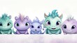 © Amina - Five adorable baby dragons in different shades of purple and green, sitting in a row.
