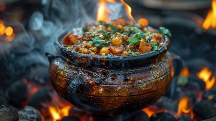 Wall Mural - Clay Pot Stew Simmering Over Embers