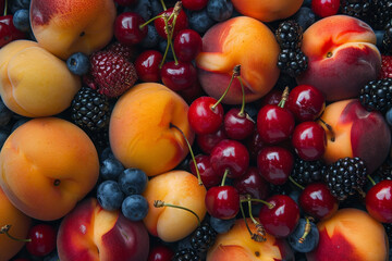 Wall Mural - A close up of a variety of fruits including cherries, blueberries, and peaches