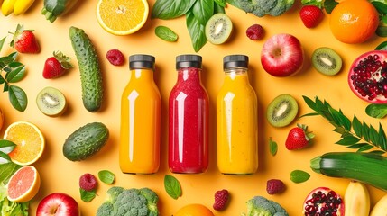 Wall Mural - Colorful fruit and vegetable juice bottles with fresh produce on an orange background. Perfect for healthy lifestyle, nutrition and diet concepts. Vibrant and eye-catching food styling. AI