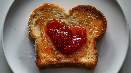 Wall Mural - A heart-shaped strawberry jam sandwich on a white plate