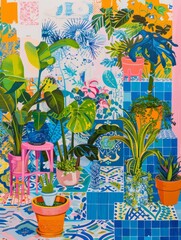 Poster - A painting depicting various plants in pots arranged on blue tiled steps