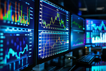 Poster - A computer monitor displays multiple graphs and numbers, indicating a busy