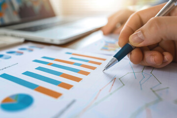 Close-up of hand holding pen, analyzing financial graphs and charts at the office with laptop in background