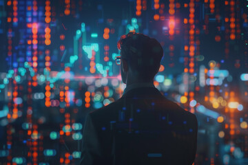 Poster - A man in a suit is looking out over a city at night