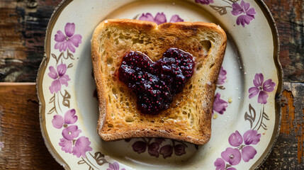 Wall Mural - A heart-shaped toast with jam on a plate