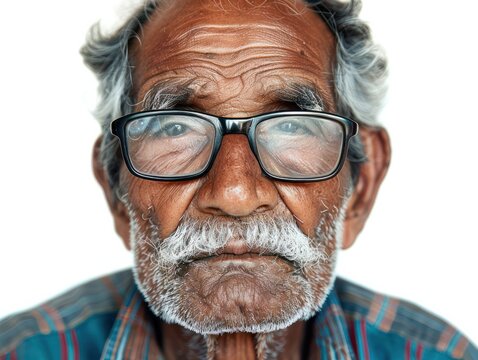 Portrait of Indian senior man with eyeglasses on white background.