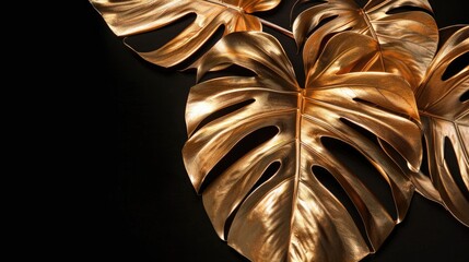 Wall Mural - Luxurious golden tropical monstera leaves on black background with jewelry concept