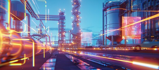 Poster - oil and gas power plant refinery with storage tanks facility for oil production or petrochemical factory.
