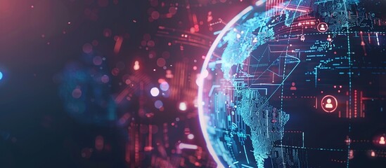 Aufkleber - Earth globe with digital connection hologram, icons glowing hud. Online network and communication.