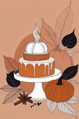 Canvas Print - Autumn baking concept with pumpkin, spices and cookie on terracotta background.